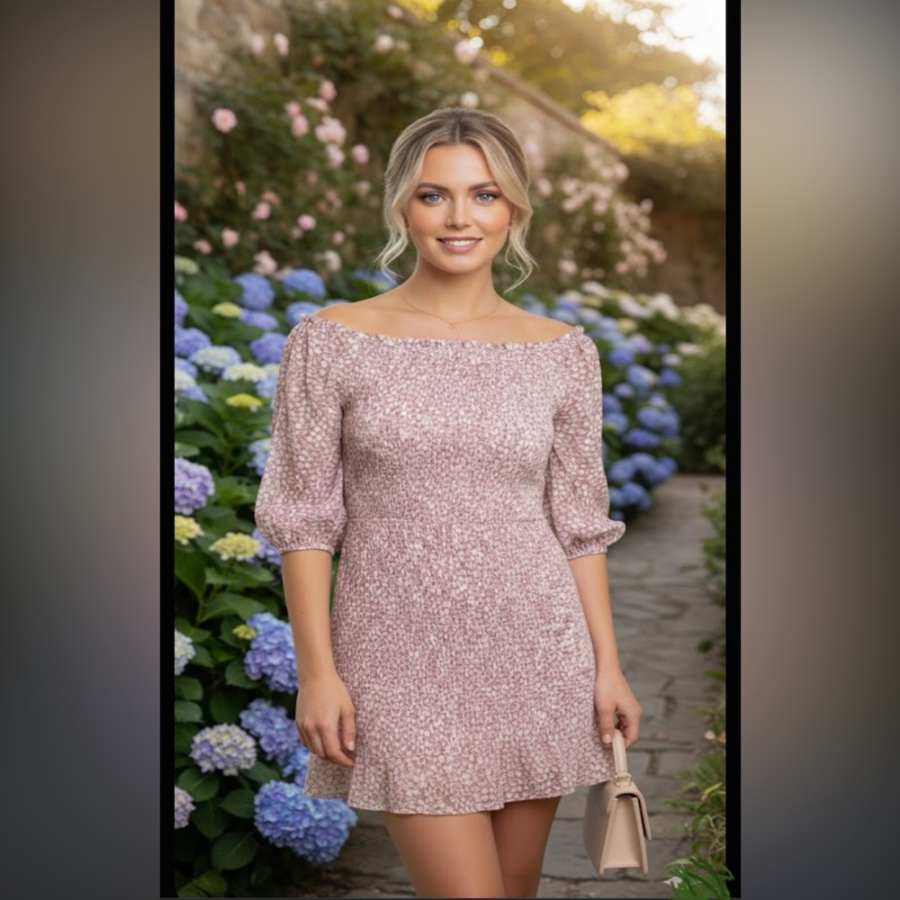 NWT Off the Shoulder Smocked Pink Floral mini Dress sz L